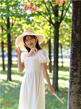 夏日树林戴着遮阳帽的白裙美女图片